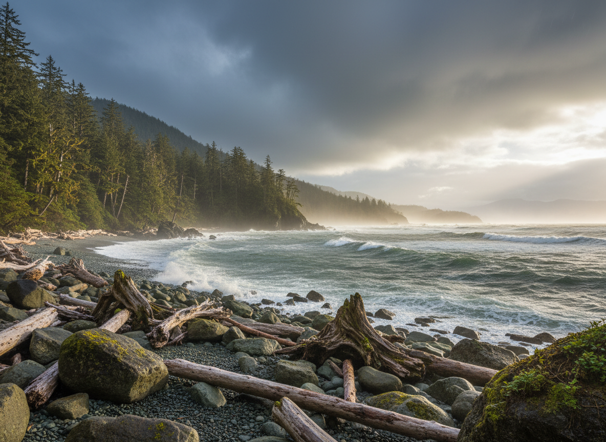 PNW coastal scene with rocky shore, stormy sky, and old growth forest