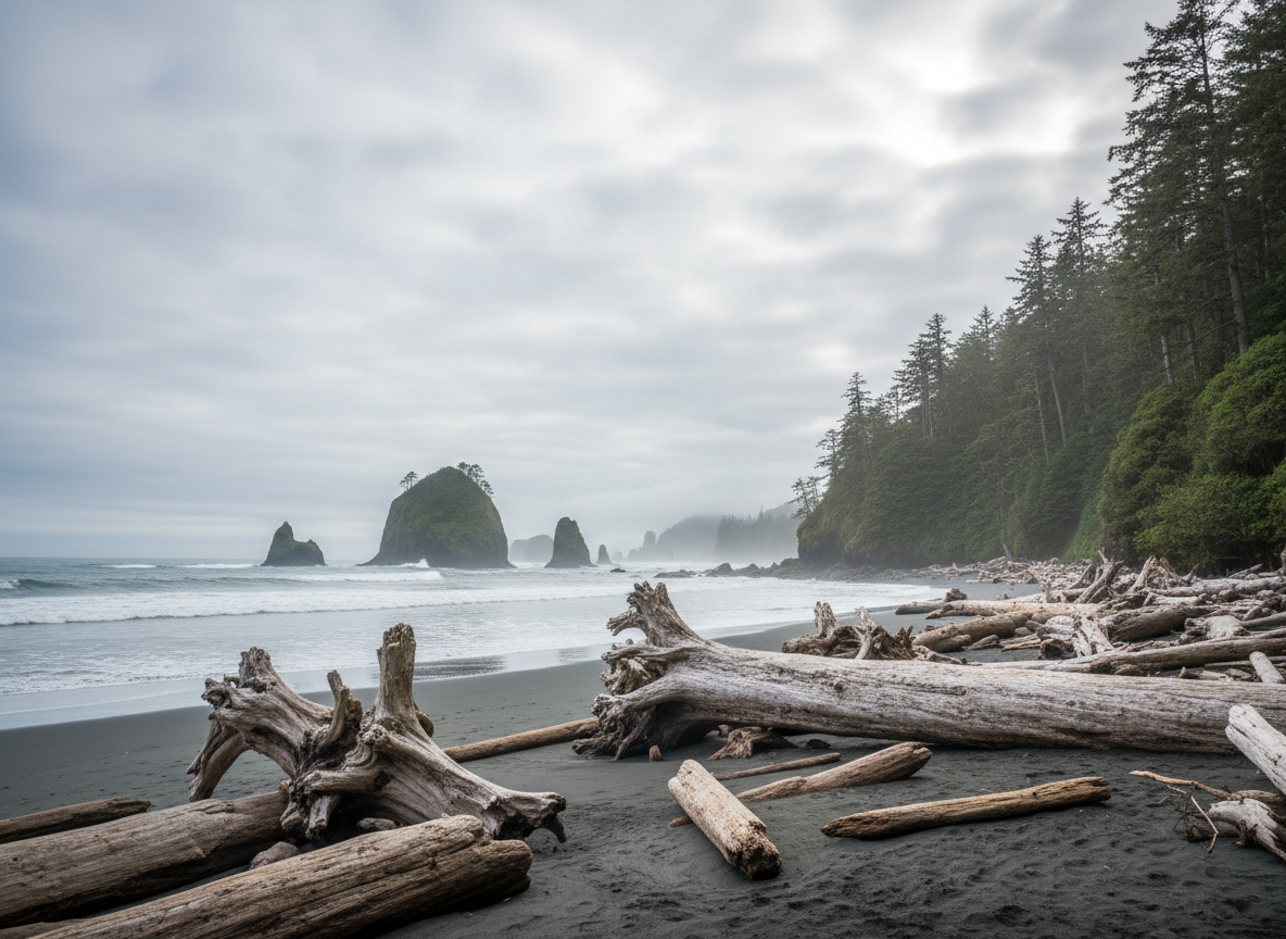 A stunning Pacific Northwest beach scene: dramatic weathered driftwood logs scattered across a dark grey-sand shoreline, towering sea stacks rising from misty ocean water in the distance, overcast moody sky with soft diffused light filtering through clouds, lush temperate rainforest meeting the beach edge, calm waves, cinematic wide landscape, atmospheric and serene