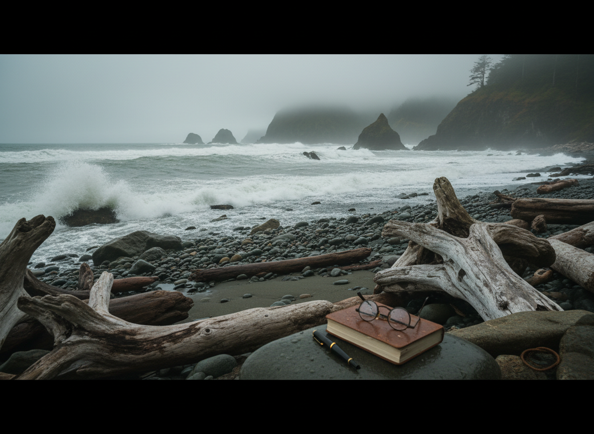 Moody Pacific Northwest ocean view with dramatic grey-green waves on a rocky shore