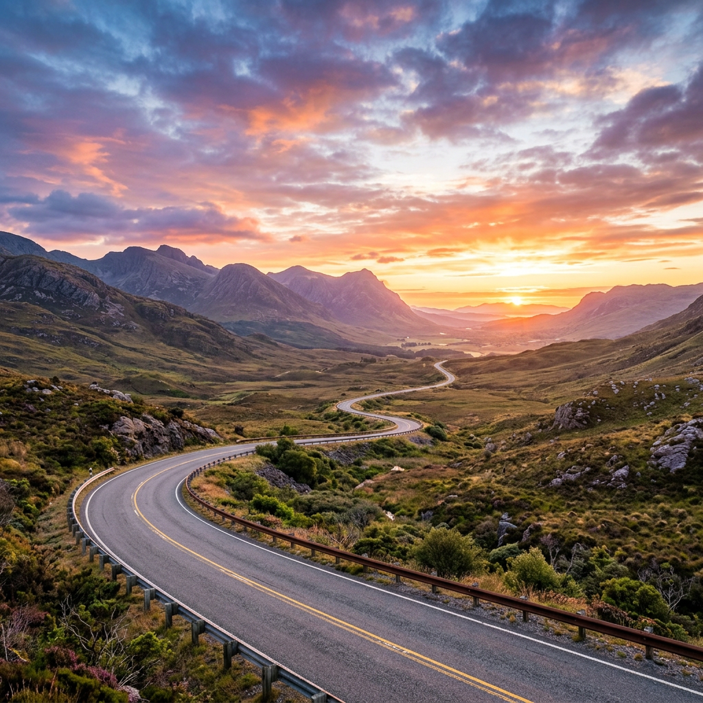 Winding road through rugged mountains beneath a colorful sunset